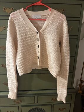 La Ligne Coco Cream Crop Textured V-Neck Button Cardigan, Cashmere Wool, Small